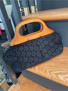 J Crew Black Eyelet Lace Clutch with Wooden Top Handle